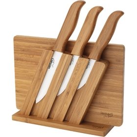 Set Of White Ceramic / Bamboo Wood Knife Including Cutting Board