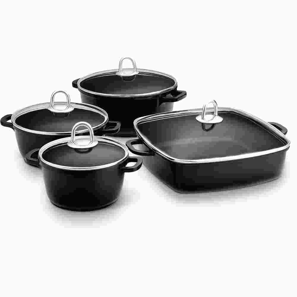 Lamart Black Set Of 4 Pots With Glass Lids. Stainless Steel- 16cm,18cm
